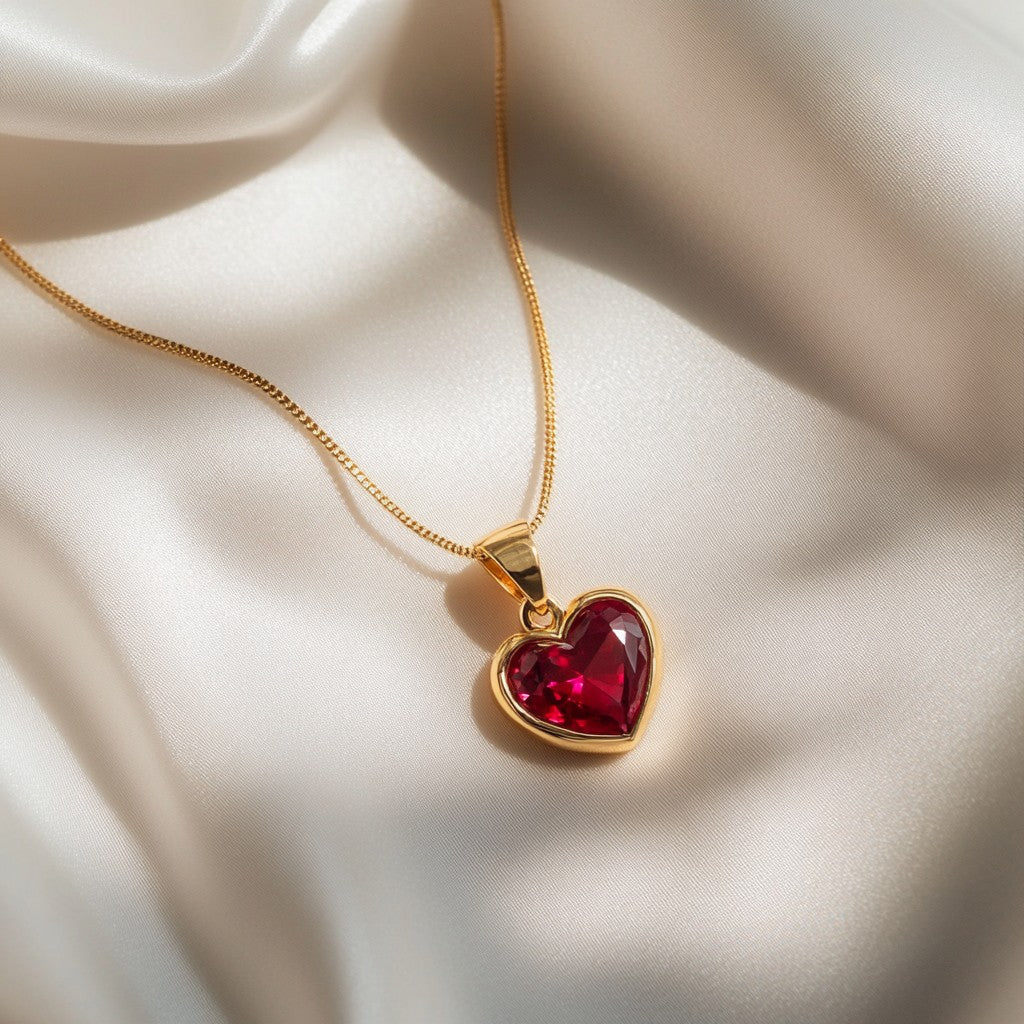 A stunning heart-shaped ruby pendant gracefully lies on a silky cream fabric, evoking elegance and romance.