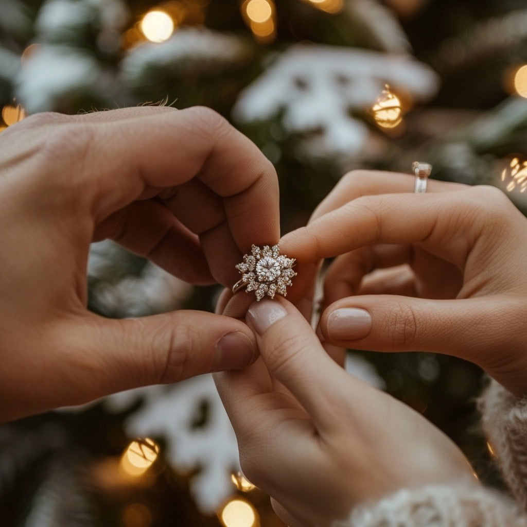 Amidst the festive backdrop of a Valentine's Day, two hands come together in a tender engagement.