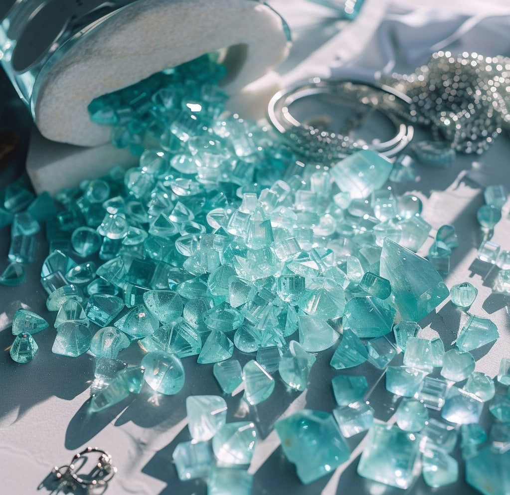 This photo captures a mesmerizing array of aquamarine gemstones scattered across a surface, seemingly having spilled out of a transparent jar. 