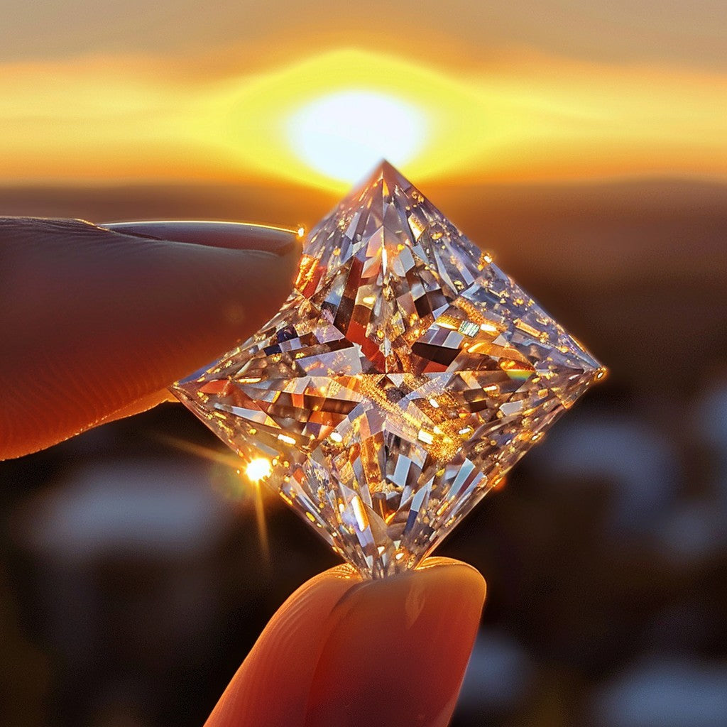 A stunning diamond held between fingers captures and refracts the light of a breathtaking sunset.