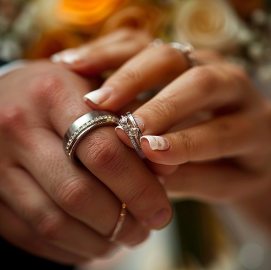 A couple tenderly holds their wedding bands, surrounded by a circle of guests, each reaching in to offer their warmth and blessings, symbolizing unity and love.