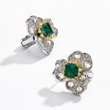 Emerald With Zirconia Rose French Clip Earrings