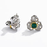 Emerald With Zirconia Rose French Clip Earrings